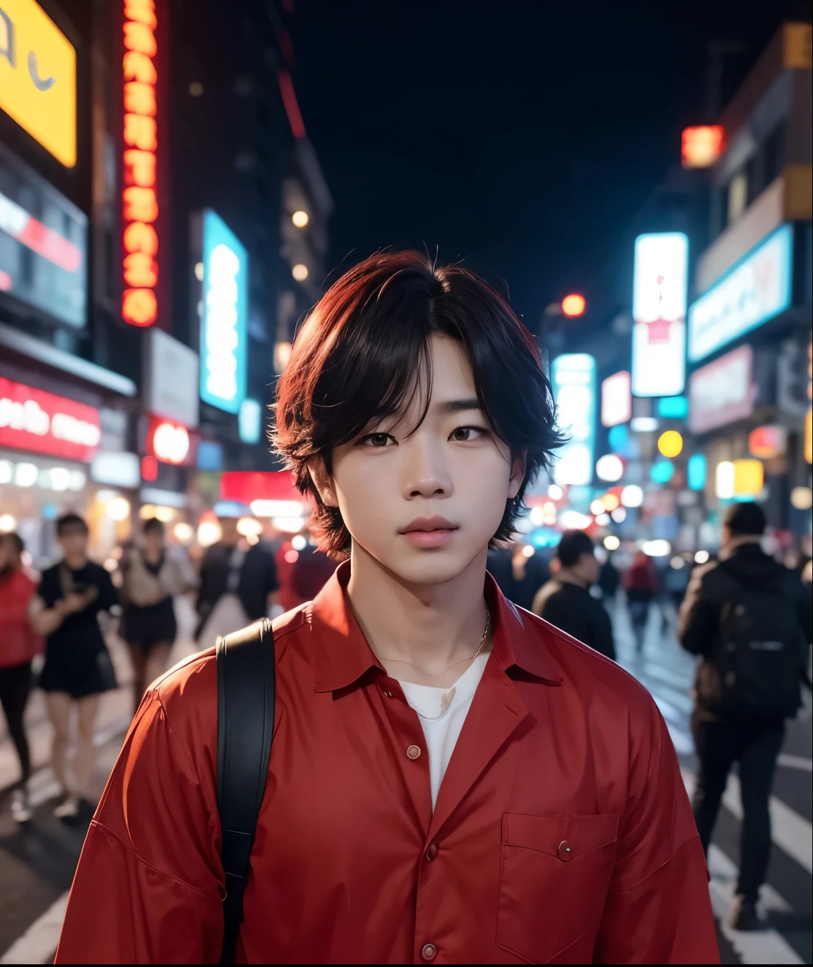 Jimin, asian man, cabelo longo vermelho, on a busy avenue at night blurred, selfie, ele tem uma cicatriz pequena na boca, olhar sedutor, olhar apaixonante, Jimin do BTS, camida listrada, relista.