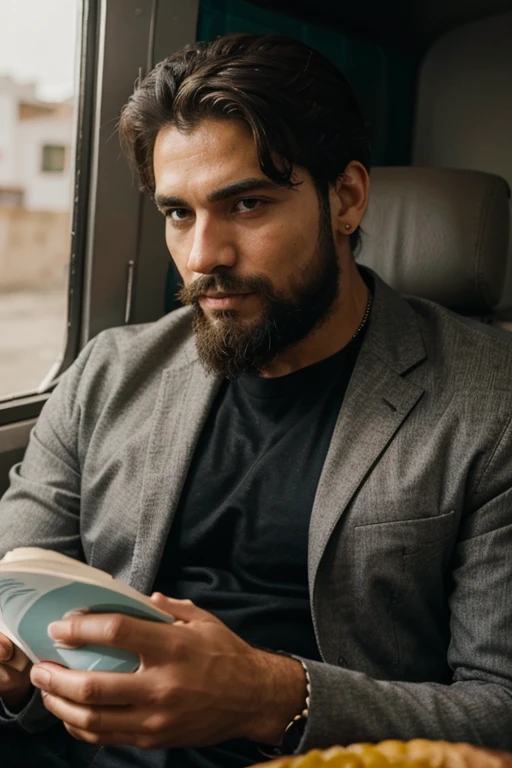 un hombre guapo con barba en un viaje de negocios