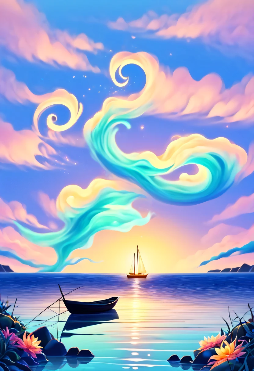Dream Resort，pastel tones，Light style，Comfortable and calm，nature，warm and cozy，荧光ocean滩，Gentle sunset，beautiful garden，壮丽ocean景，Beach umbrellas，bonfire，painting, ocean, ocean岸, sunrise, sailor, Boat sun reflected on water minimalist sober simple pastel painting with simple background
