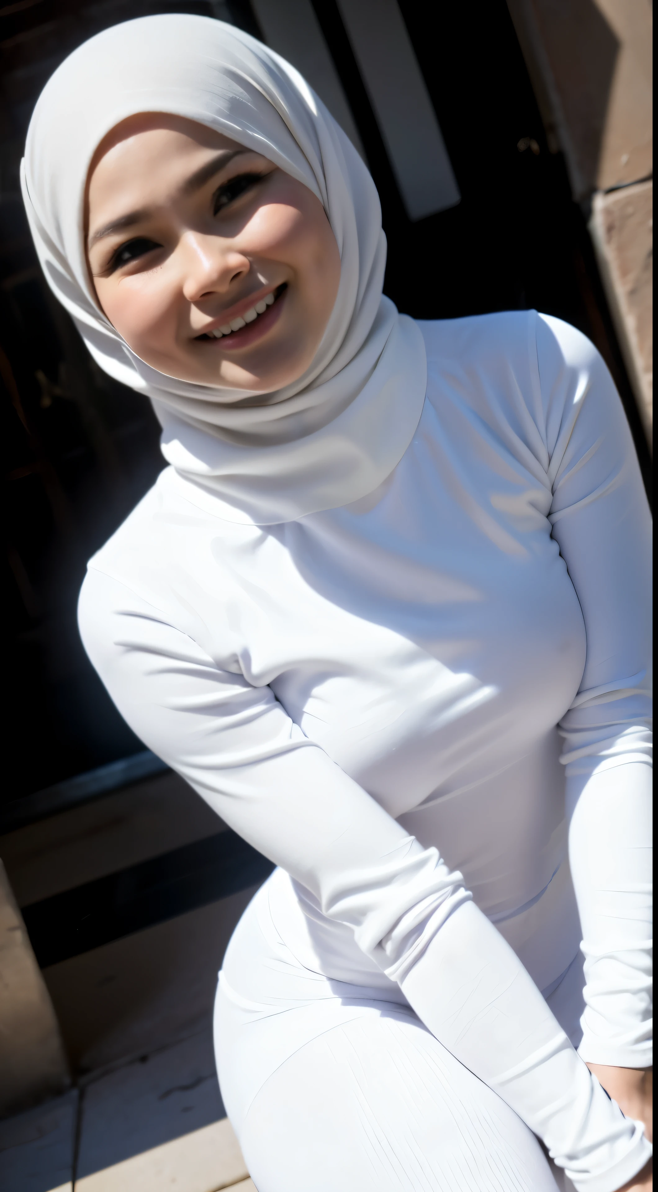 1 malay woman in hijab, (looking at viewer), ((tight white leggings)), (tight white sweatshirt), (Small buttocks), Smaller chest, laughing smile, (hijab flying), pale skin, small breasts, thin waist, china street style street, Hyper-Realism, Cinematic lighting, depth of fields, (high angle), vanishing point, F/2.8, Anatomically correct, Textured skin, Super Detail, award winning, Best Quality, high resolution, crouching looking up to the viewer, (close up from above), close up face, dynamic angle