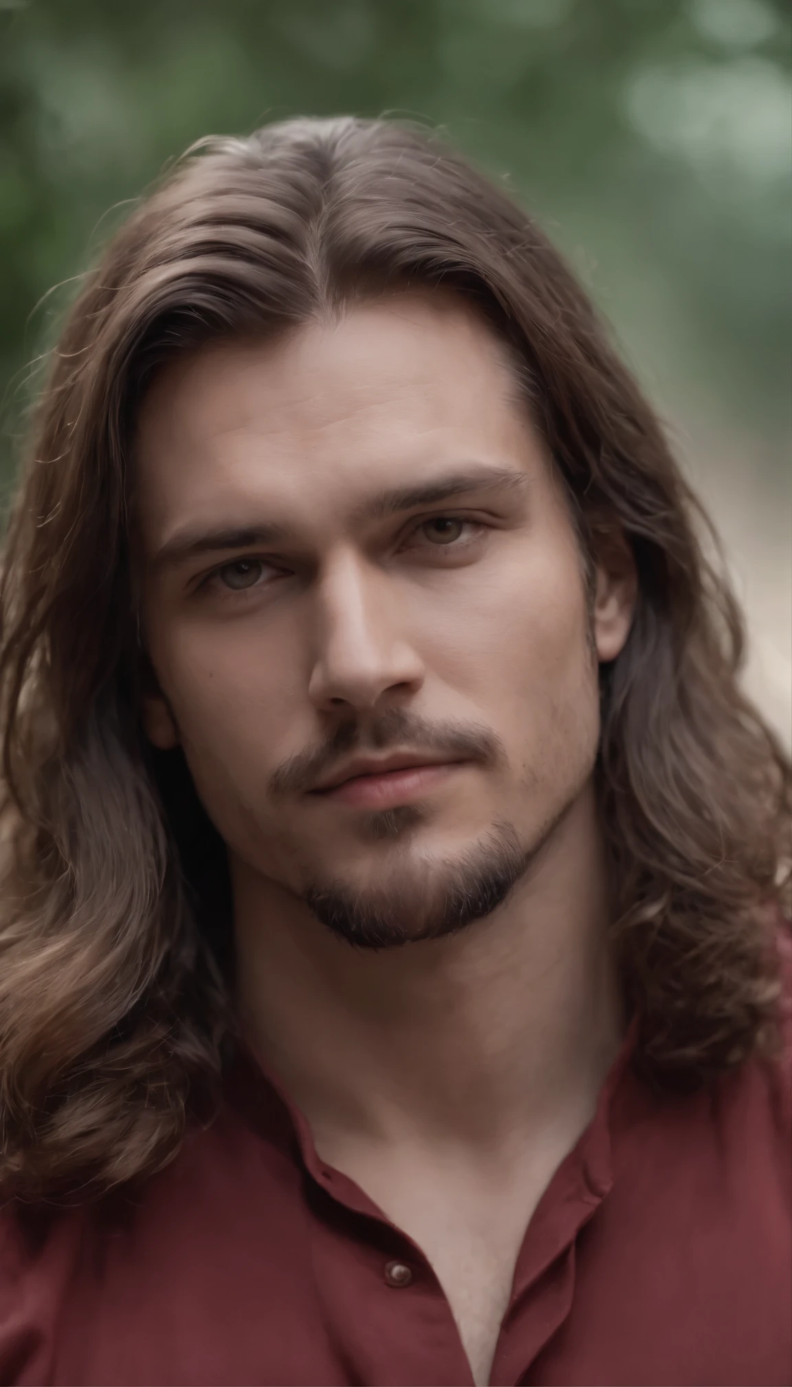A photography, A man with a big body, long hair, very realistic, Very handsome, Detailed skin, in red, Very realistic like a photo