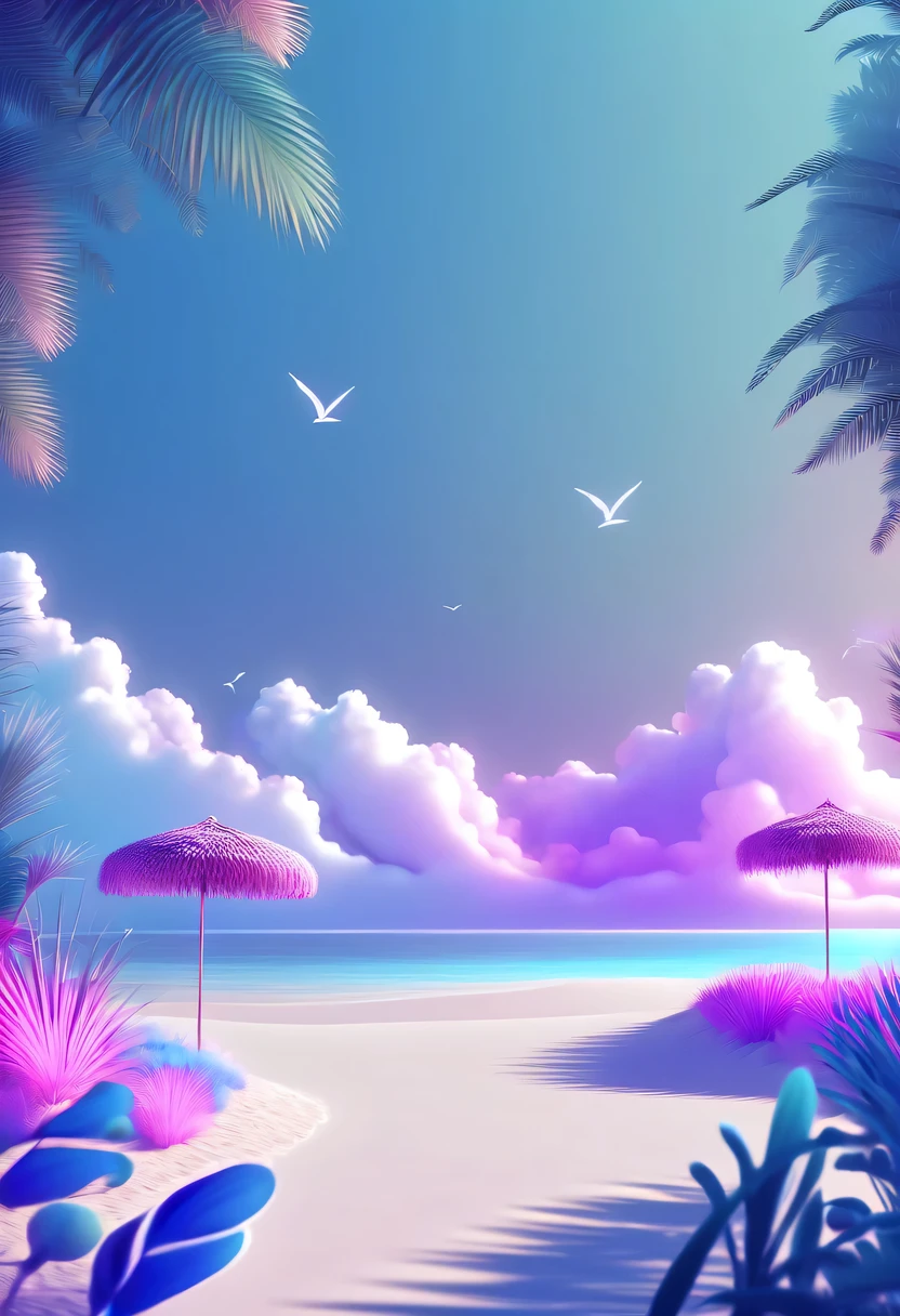Dream Resort,pastel tones,Light style,Comfortable and calm,nature,warm and cozy,fluorescent beach,Gentle sunset,beautiful garden,
