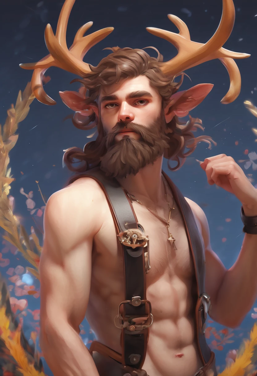 (masterpiece, best quality, ultra-detailed, highres, absurdres, best illumination, finely detail, bloom, lighting on face, best lighting, finely detailed beautiful eyes, shiny hair , perfect face, lustrous skin), standing, outdoor, depth_of_field, daylight, daytime, full body, dutch_angle, street,, lumi_vsinger, hair ornament, black dog collar, Lean male ((faun)) (very hairy body, bushy beard and chestnut colored hair, buzz-cut high-and-tight, high fade haircut ), fully body from head to toe, thick leather collar around his neck. He stands steadfast in the cold night. He wears a jock-strap with thick leather belts and bronze buckles. (He's well endowed with a bulging groin).) (( short decorated stag Antlers grace his brow his head)). His long anthropomorphic deer ears twitch to the sound of bells. ((A leather body harness with buckles decorated in sleighbells secured to his chest)).