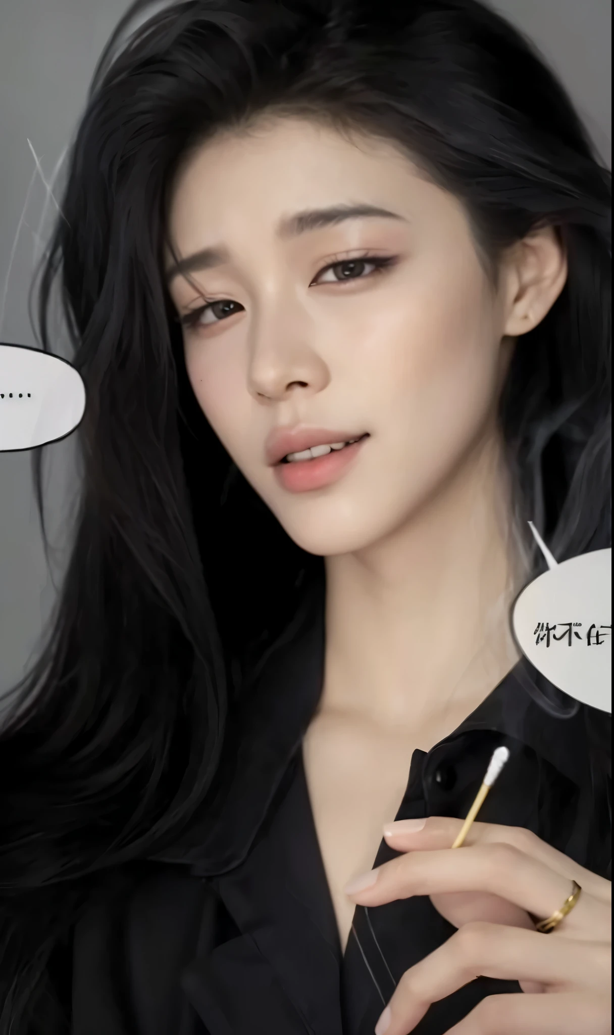 Kang Yuna with a cigarette and speech bubbles, inspirado por Kang Yuna, cabelo preto liso longo