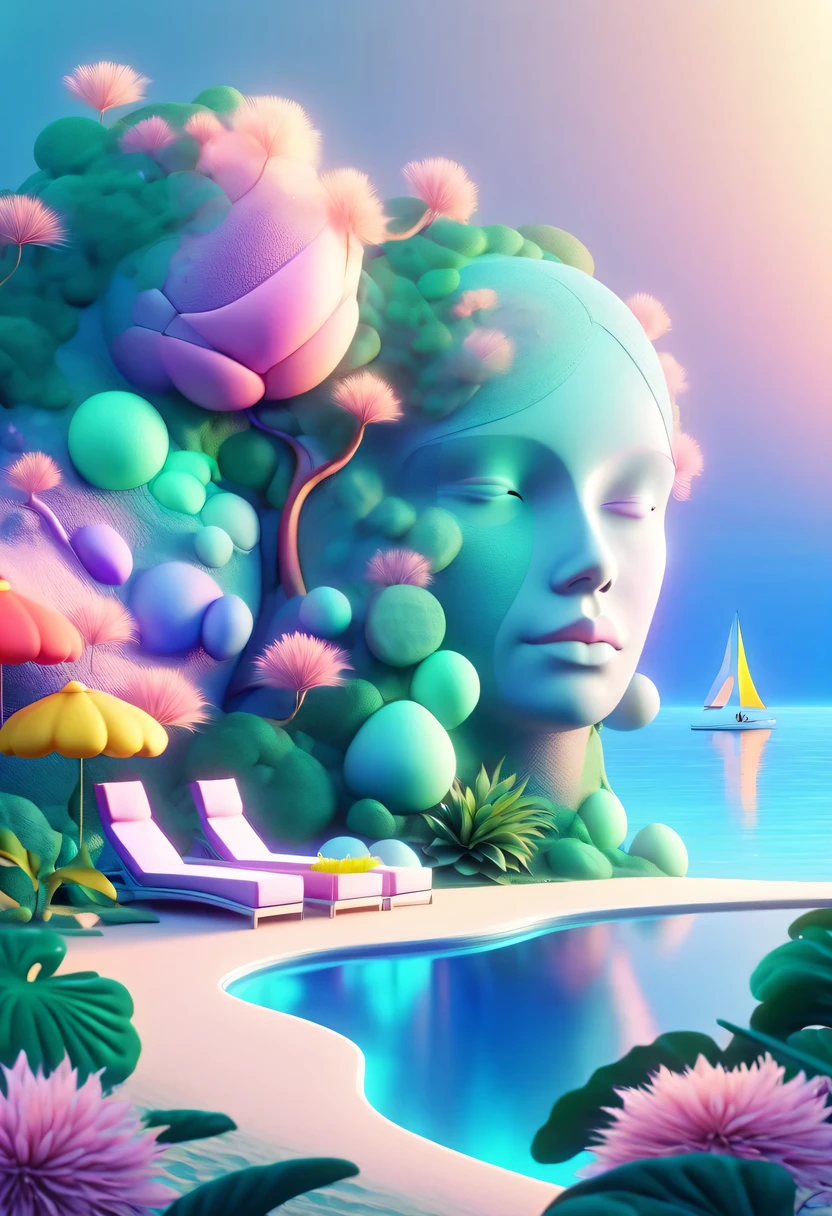 Dream Resort,pastel tones,Light style,Comfortable and calm,nature,warm and cozy,fluorescent beach,Gentle sunset,beautiful garden,
