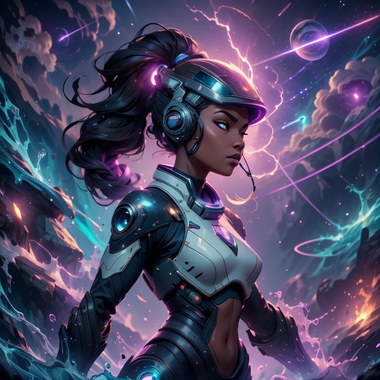 general shot of a woman in a helmet in a spacesuit against the backdrop of the planets, full length, cyborg goddess without a face in space, Looking up at the sky, a riot of pink and yellow hues in the sky, sci-fi digital art, sci-fi digital art illustration, Portrait of a space cyborg, Beautiful UHD 4K art, futuristic art style, 4K digital imaging, scientific woman, Highly detailed 4K digital art, A sci-fi work of art, model shooting style, (extremely detailed CG Unity 8k wallpaper), a chaotic storm of complex liquid smoke in the head, stylized beauty full length abstract portrait, wet skin, Petros Afshar, Ross Tran, Tom Whalen, Peter Mohrbacher, Artgerm, Broken glass, ((Sparkling underwater landscapes)) Shining light of octane, high detail ((Evil Aesthetics))