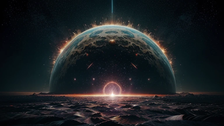 "Create a visually striking and imaginative representation of the moment of the Big Bang, the primordial event that birthed the universe. Capture the intensity and grandeur of the cosmic explosion, highlighting the initial emergence of all matter and energy. Use vibrant colors, dynamic textures, and abstract shapes to convey the magnitude of this crucial moment in the cosmos's history. Ensure to incorporate elements symbolizing the expansion of space-time and the early fluctuations that shaped the universe in its subsequent evolution."