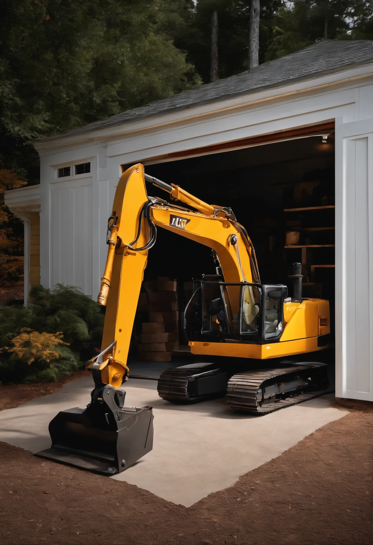 a small, modern excavator, charging the battery, in the garage of a white wood-paneled house in America, large garage, concrete floor, wide open door, seeing old items inside, during the day, not Open space, lots of light, classic style, focusing on excavators, looking from the outside to the inside
