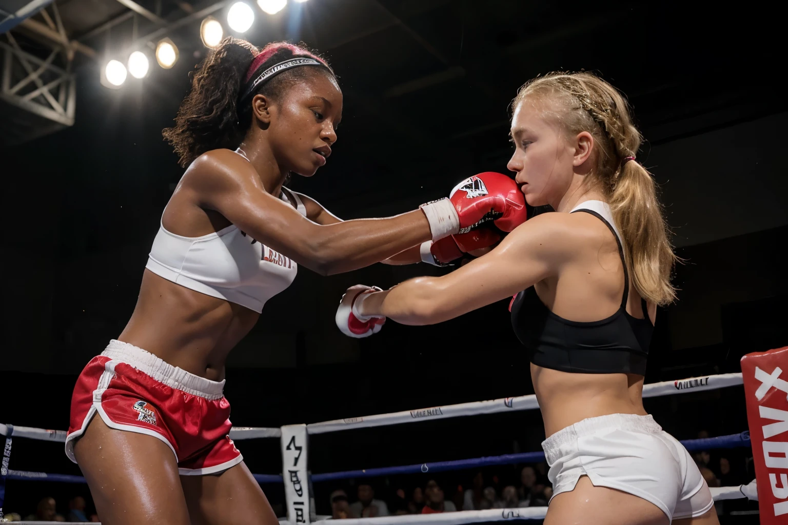 Masterpiece, 13 year old Dark-skinned girl, white sports bra, red shorts, in a boxing ring punching a 17 year old blonde girl in a black sports bra with pink short shorts, pale skin, sweaty, realistic