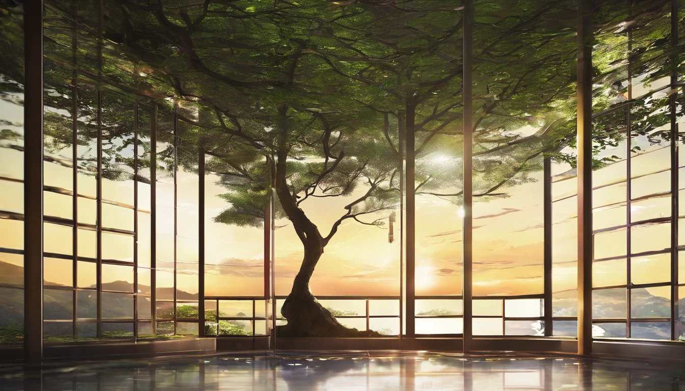 High resolution、photograph、high resolution、8k、round window from inside the room、There are tree roots in the room that help with life.。mysterious、beautiful、There are no people、I can see the view from the window、advanced construction technology、I want to live there、Home、It's warm、The morning sun is shining