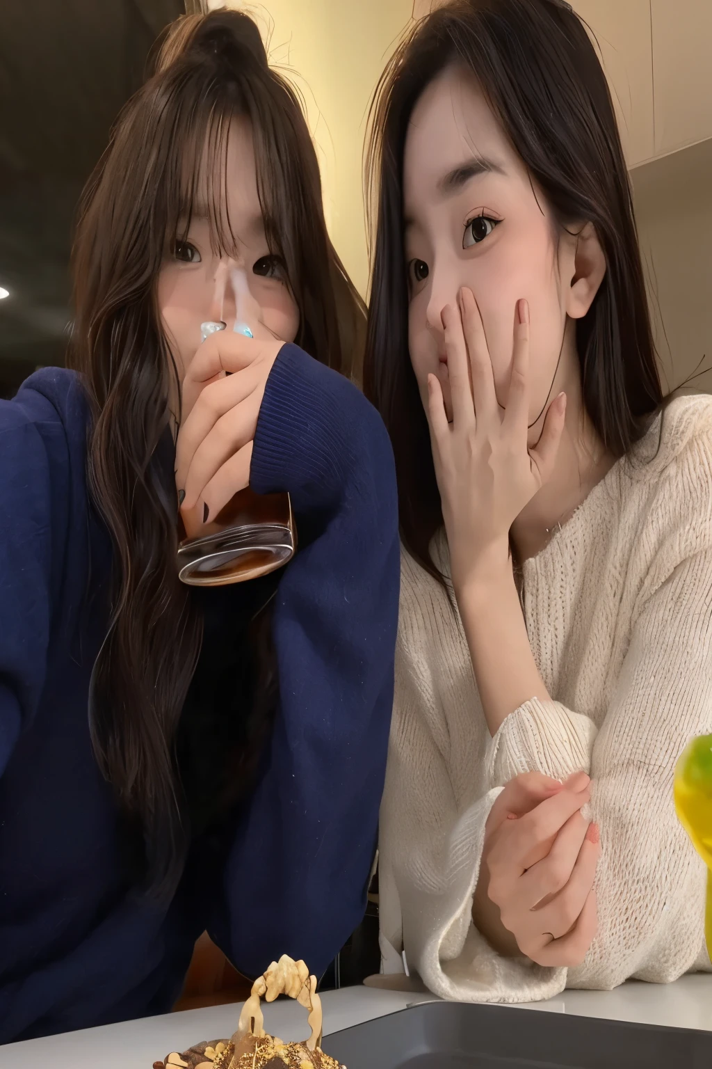 two women sitting at the table, one of them has a drink in her hands, Ulzzang, imagem de perfil, 8k ), mukbang, exclusivo, 🪔 🎨;🌞🌄, #oc, # oc, garotas fofas, bebendo, imagem de perfilture, annoying sister vibes, duas garotas, fofas e gentis, bonitas.