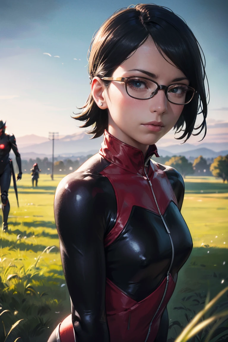 (best quality,4k,highres),ultra-detailed,(realistic:1.37),(HDR:1.1),vivid colors,Sarada Uchiha,(short hair,black hair:1.1),(glasses:1.1),full body picture,beautiful girl,((wearing futuristic black tight battle suit)),half face mask,((futuristic neck collar)),grass green light details,portraits