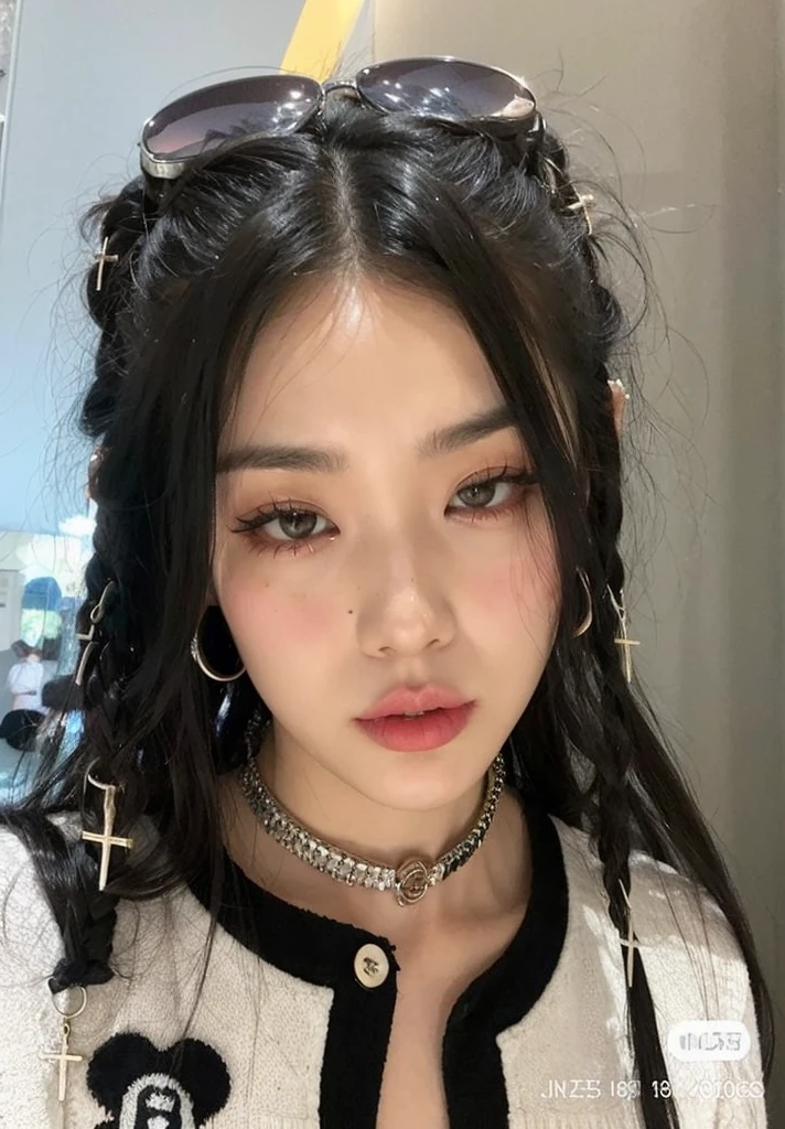 a close up of a woman with a necklace and sunglasses, ulzzang, she looks like a mix of grimes, pigtails hairstyle, with black pigtails, xision wu, looks like a mix of grimes, cruel korean goth girl, goth girl aesthetic, with long hair and piercing eyes, looks a blend of grimes, asian face, popular south korean makeup, Cho Mi-yeon (G)I-DLE