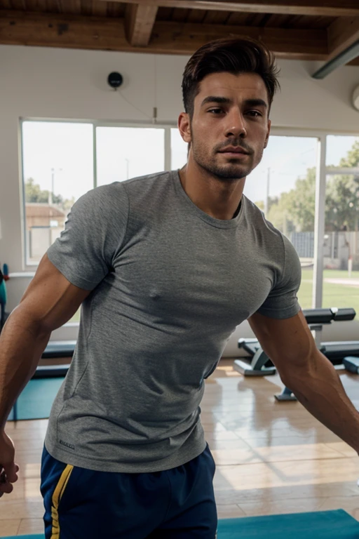 un hombre guapo con ropa de gimnasio y camiseta entrenando en el gimnasio