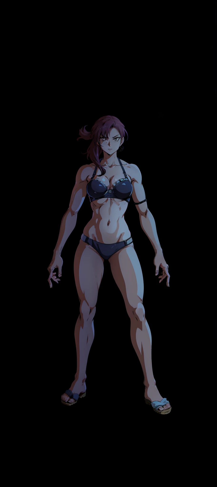 ((1woman)) whole body, standing, gray skin, drow, elf, 1 girl, maduro, purple eyes, by white, black bikini, ABS, Large knockers, tattered rags, chain collar, stomach tattoo (red tattoo)