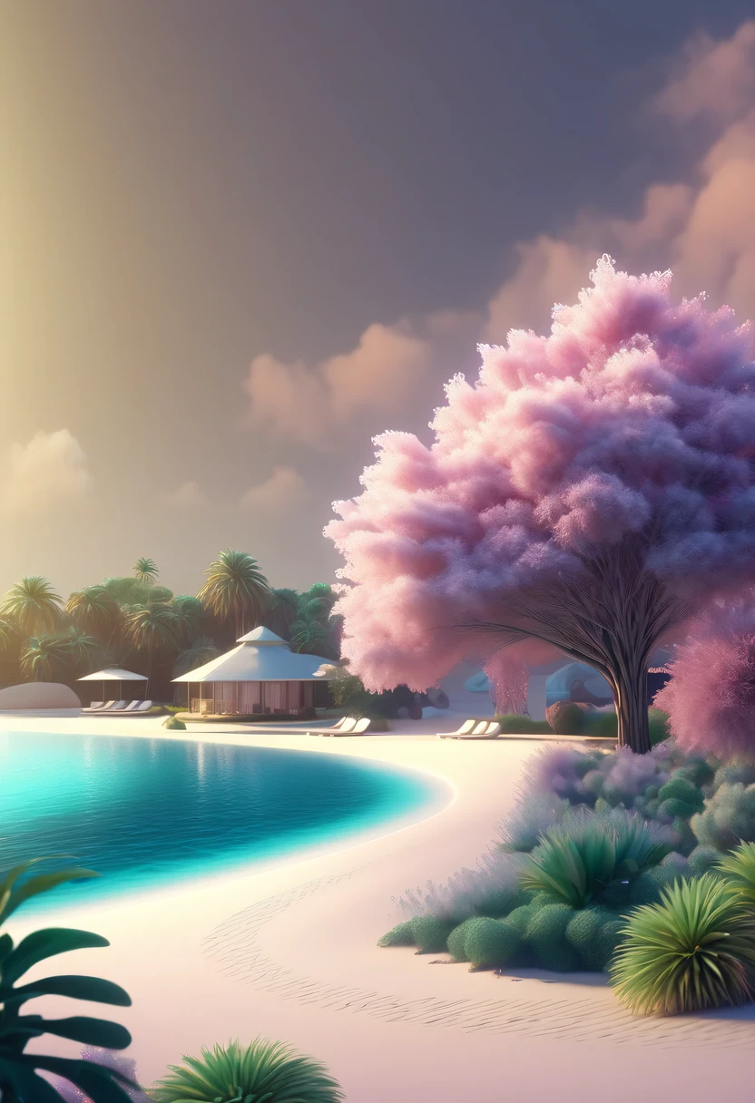 Dream Resort,pastel tones,Light style,Comfortable and calm,nature,warm and cozy,fluorescent beach,Gentle sunset,beautiful garden,