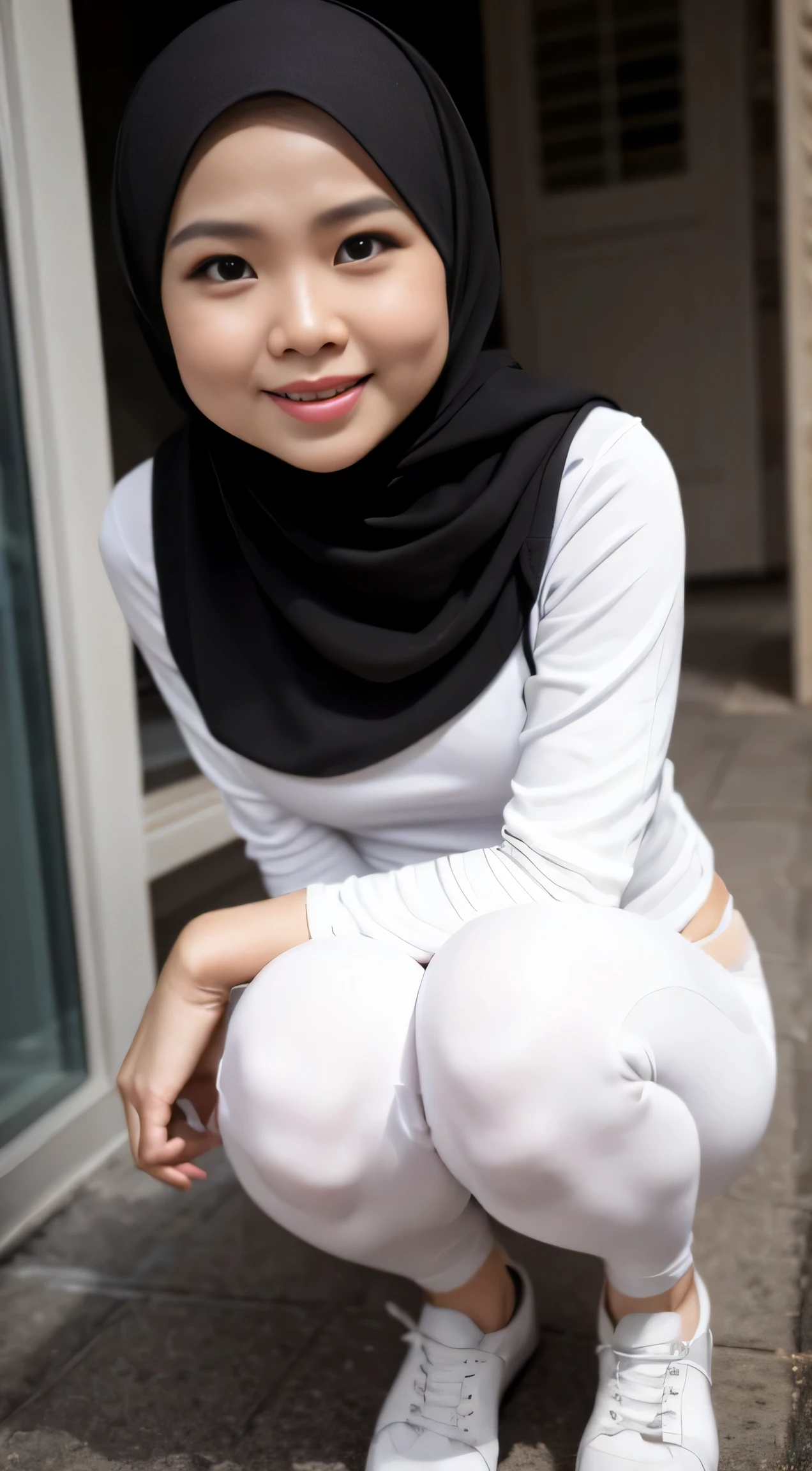 1 malay woman in hijab, (looking at viewer), ((tight white leggings)), (tight white sweatshirt), (Small buttocks), Smaller chest, laughing smile, (hijab flying), pale skin, small breasts, thin waist, china street style street, Hyper-Realism, Cinematic lighting, depth of fields, (high angle), vanishing point, F/2.8, Anatomically correct, Textured skin, Super Detail, award winning, Best Quality, high resolution, crouching looking up to the viewer, (close up from above), (close up face), dynamic angle