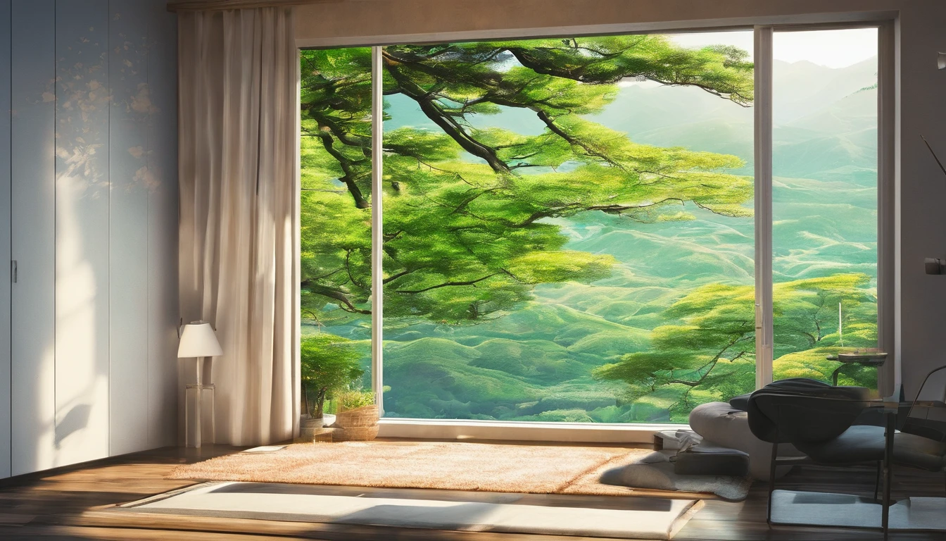 High resolution、photograph、high resolution、8k、round window from inside the room、There are tree roots in the room that help with life.。mysterious、beautiful、There are no people、I can see the view from the window、advanced construction technology、I want to live there、Home、It's warm、The morning sun is shining