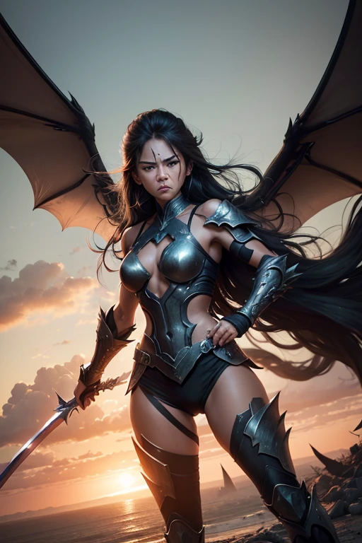 Desenhe uma impactante imagem de uma guerreira espartana, destemida, segurando uma espada reluzente. She faces fierce winged dragons in an apocalyptic setting, where ruins stretch to the horizon, blazing with tones of destruction and defiance. Capture the intensity of the confrontation and the strength of the warrior in the face of chaos.