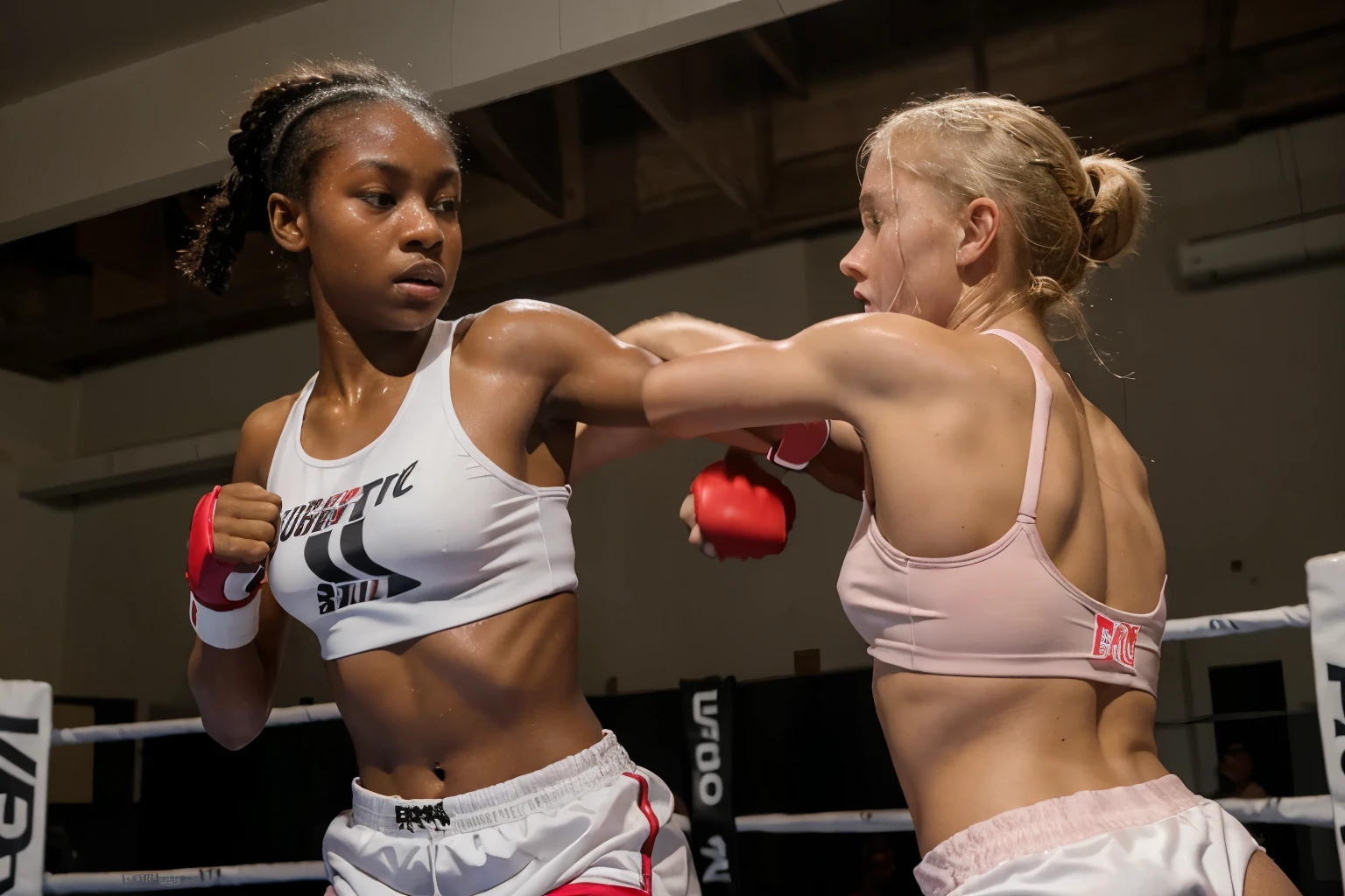 Masterpiece, 12 year old Dark-skinned girl, white sports bra, red shorts, in a boxing ring punching the face of a 17 year old blonde girl in a black sports bra with pink short shorts, pale skin, sweaty, realistic 