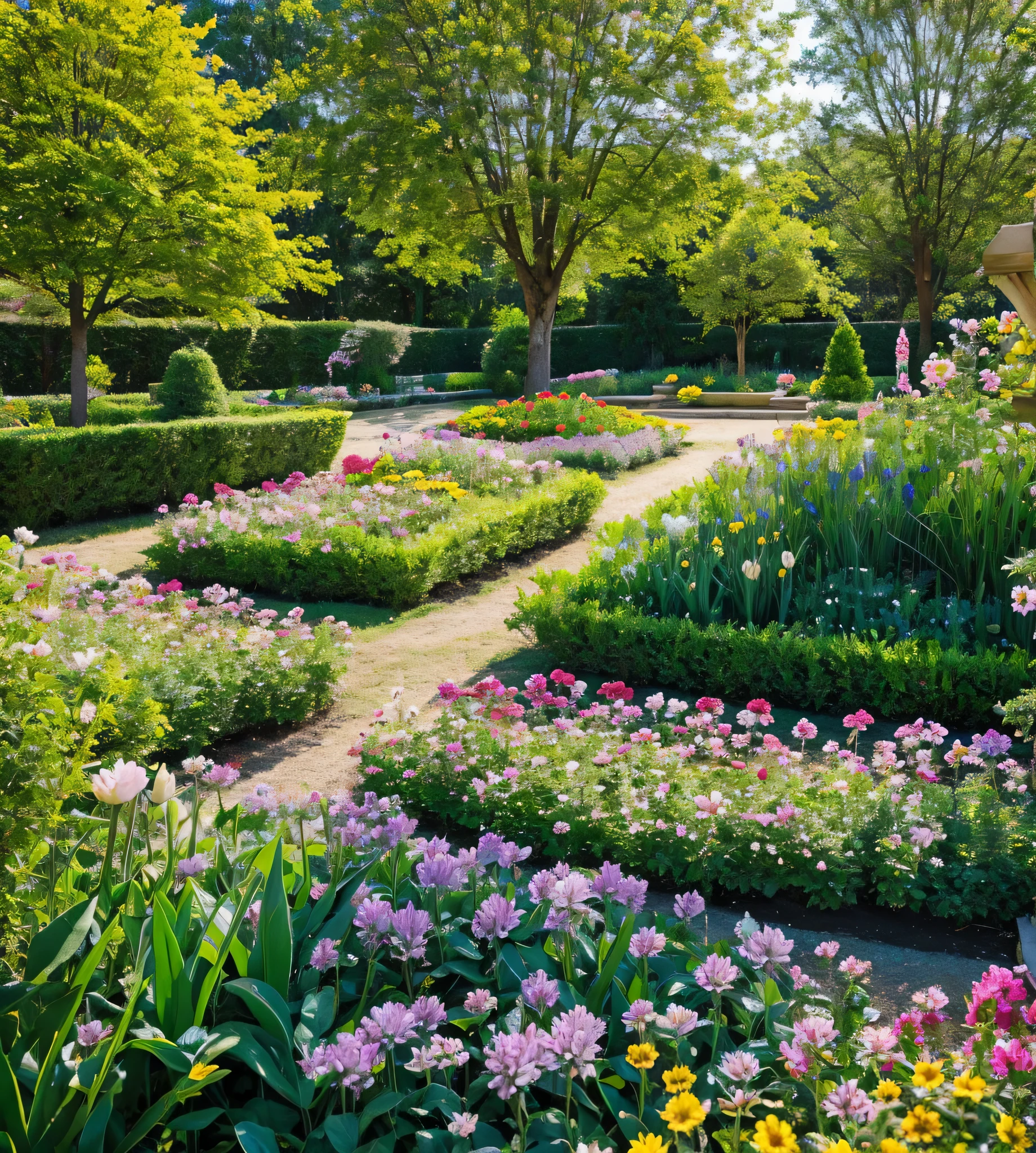 a flower garden, carefully planting new flowers and enjoying the serenity that nature offers on a sunny spring day.