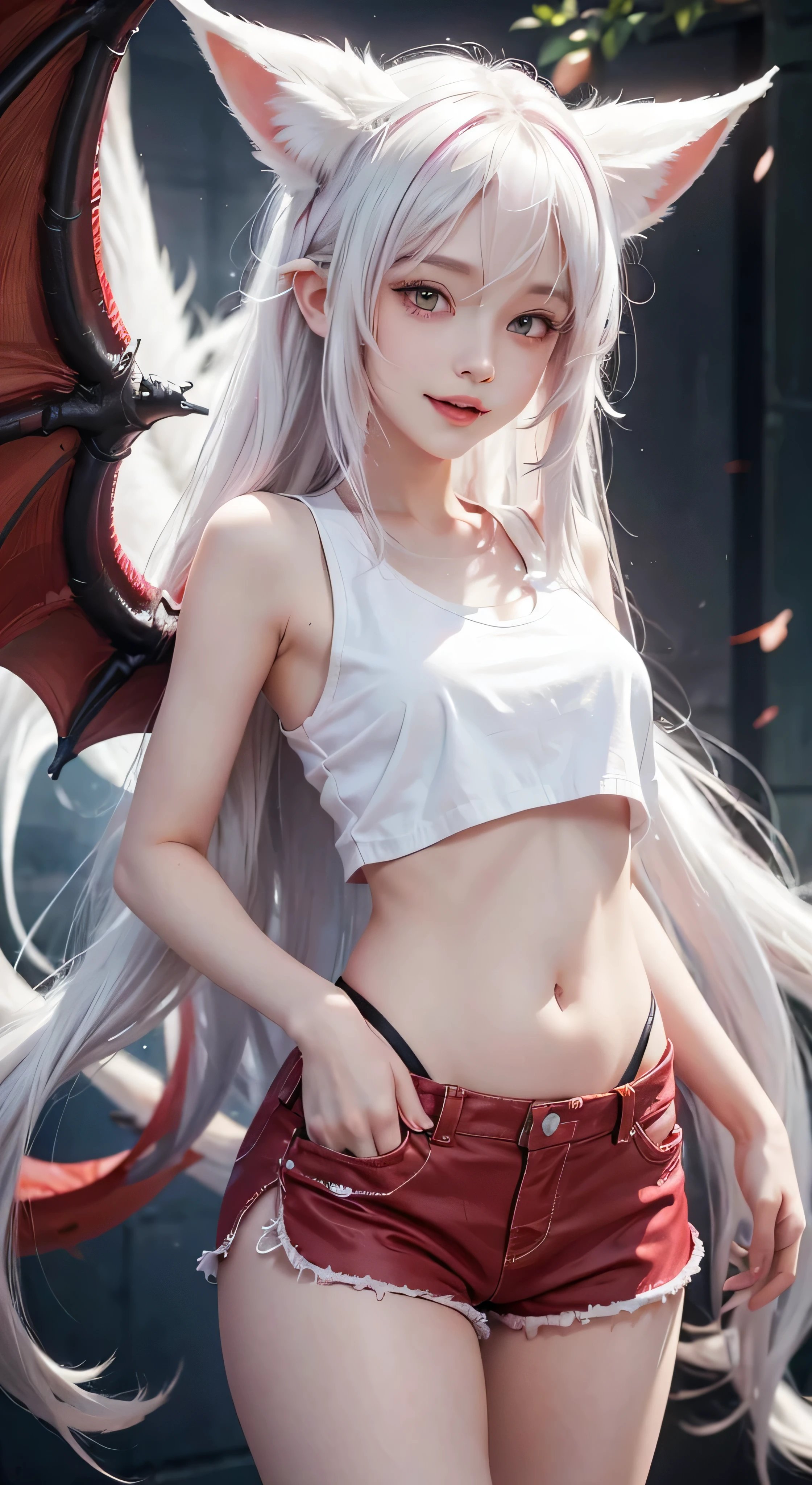 young girl, Very long white hair, pink eyes, fox ears, Very long fox tail, ssmile, opened mouth, Dragon Wings, Flight, white tanktop, Sleeveless, Shorts, open belly, Masterpiece, hiquality, 4k, HD, Good detail