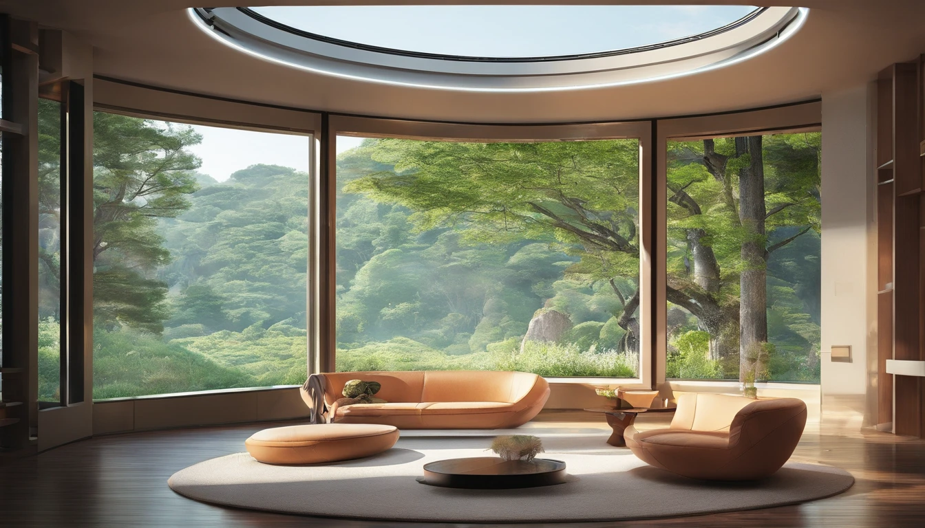 High resolution、photograph、high resolution、8k、round window from inside the room、There are tree roots in the room that help with life.。mysterious、beautiful、There are no people、I can see the view from the window、advanced construction technology、I want to live there、Home、It's warm、The morning sun is shining