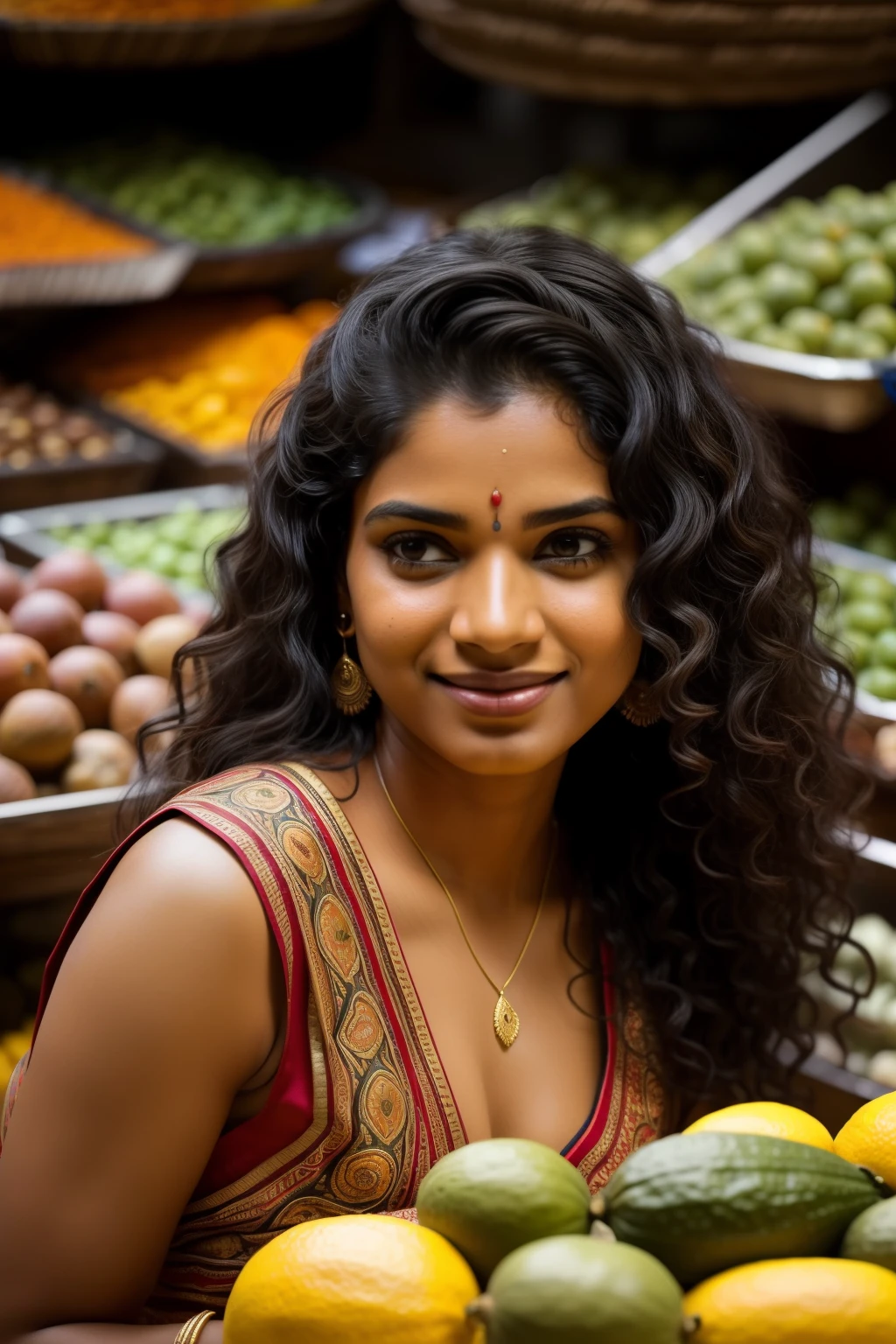 RAW photo in sequence, um retrato empaciante de uma linda garota indiana, expression serena,
wavy black hair falling down her sides.
usando uma saree Kanjivaram finamente tecidada em vibrantes tonalidades de laranja e ouro,
no meio de um feirico e colorido mercado de especiarias indianas, full of exotic aromas,
tecidos vibrantes e negociantes emocionados, registering the feeling of superlative, the cultural diversity and vivid ambience of Indian markets