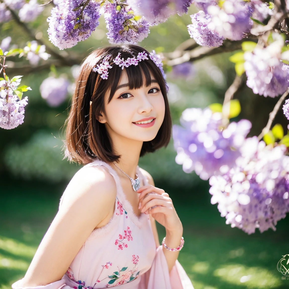 cherry blossoms, blurry, branch, wisteria, 1girl, pink flower, depth of field, flower, blurry foreground, tree, spring \(season\), solo, hydrangea, floral background, cosplay photo, makeup, lips, fur trim, dango, bangs, realistic, hanami, blurry background, white hair, own hands together, lipstick, jewelry, short hair, sanshoku dango, bare shoulders, purple flower, plum blossoms, blunt bangs, upper body, petals, wagashi, blue eyes, looking at viewer, smile, outdoors, bracelet, wide sleeves, eyeshadow, red lips