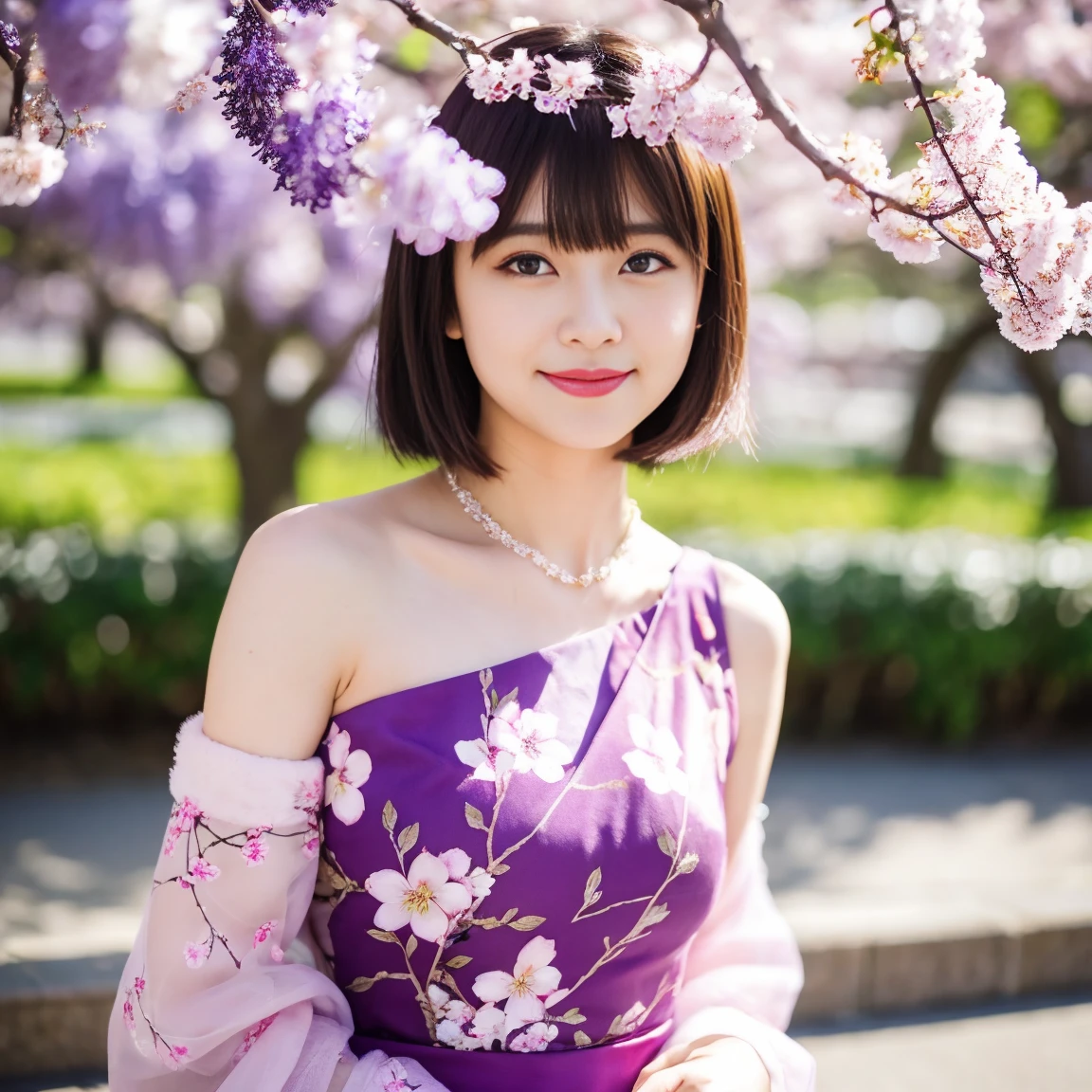 cherry blossoms, blurry, branch, wisteria, 1girl, pink flower, depth of field, flower, blurry foreground, tree, spring \(season\), solo, hydrangea, floral background, cosplay photo, makeup, lips, fur trim, dango, bangs, realistic, hanami, blurry background, white hair, own hands together, lipstick, jewelry, short hair, sanshoku dango,  shoulders, purple flower, plum blossoms, blunt bangs, upper body, petals, wagashi, blue eyes, looking at viewer, smile, outdoors, bracelet, wide sleeves, eyeshadow, red lips