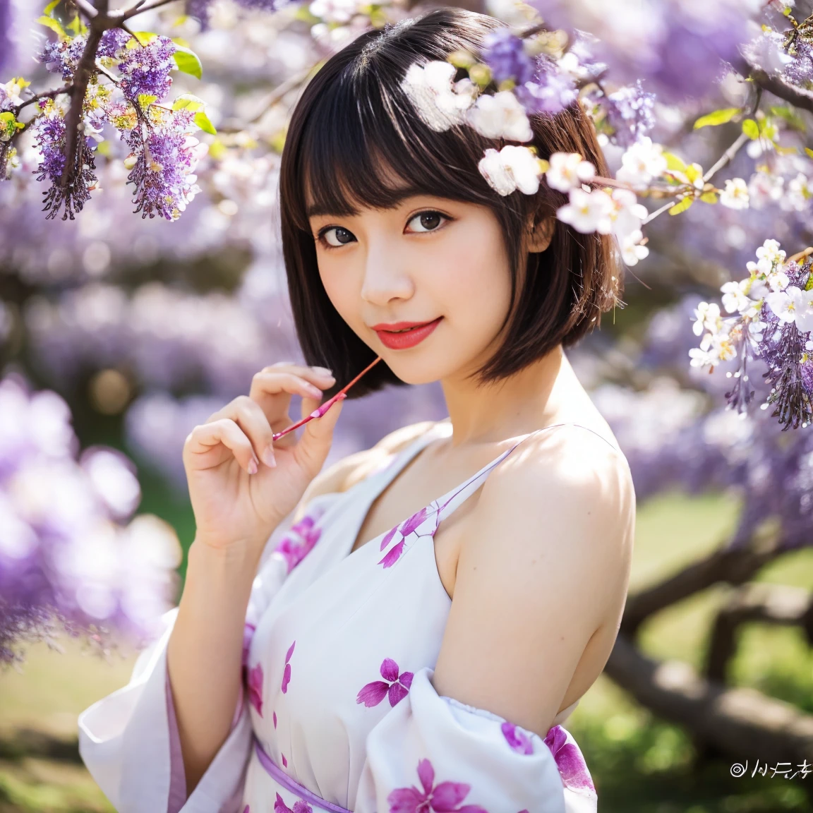 cherry blossoms, blurry, branch, wisteria, 1girl, pink flower, depth of field, flower, blurry foreground, tree, spring \(season\), solo, hydrangea, floral background, cosplay photo, makeup, lips, fur trim, dango, bangs, realistic, hanami, blurry background, white hair, own hands together, lipstick, jewelry, short hair, sanshoku dango, bare shoulders, purple flower, plum blossoms, blunt bangs, upper body, petals, wagashi, blue eyes, looking at viewer, smile, outdoors, bracelet, wide sleeves, eyeshadow, red lips