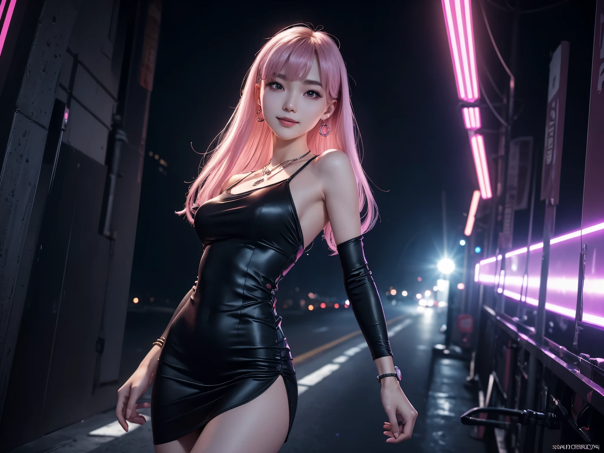 8K, masterpiece, raw photo, Best quality, detail:1.2),photorealistic, Extremely detailed CG unifies 8K, 8K, diamond, and wallpaper, depth of field, Cinematic light, Lens flare, ray tracing, (Incredibly beautiful face, Beautiful lips, Beautiful eyes), intricate detail face, ((ultra detailed skin)) 1 girl, in the dark, deep shadow, Pretty Korean girl, K-pop idol,(very thin and slender muscular body:1.3), ((view viewer)),(big smile), (bodycon minidress),(Pink dress), (Injection sleeve) , (City night, (neon lights sign), (night), Pretty Korean girl, earrings, bracelet, Necklace, tights, Clear Eyes, to walk , (pale skin), facing forward, (big eyes), ((Upper body shots)), bodycon minidress, Silk mini dress , Return, Back shot, very thin, slander