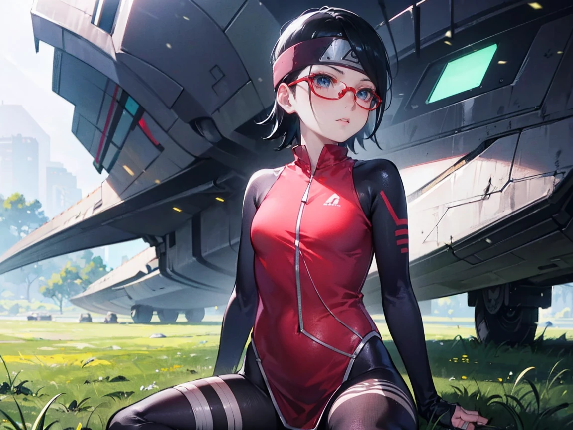 (Sarada Uchiha,short hair,black hair,glasses),full body picture Unreal Engine 5 8K UHD of beautiful girl, ((wearing futuristic black tight battle suit)), half face mask, ((futuristic neck collar)), grass green light details