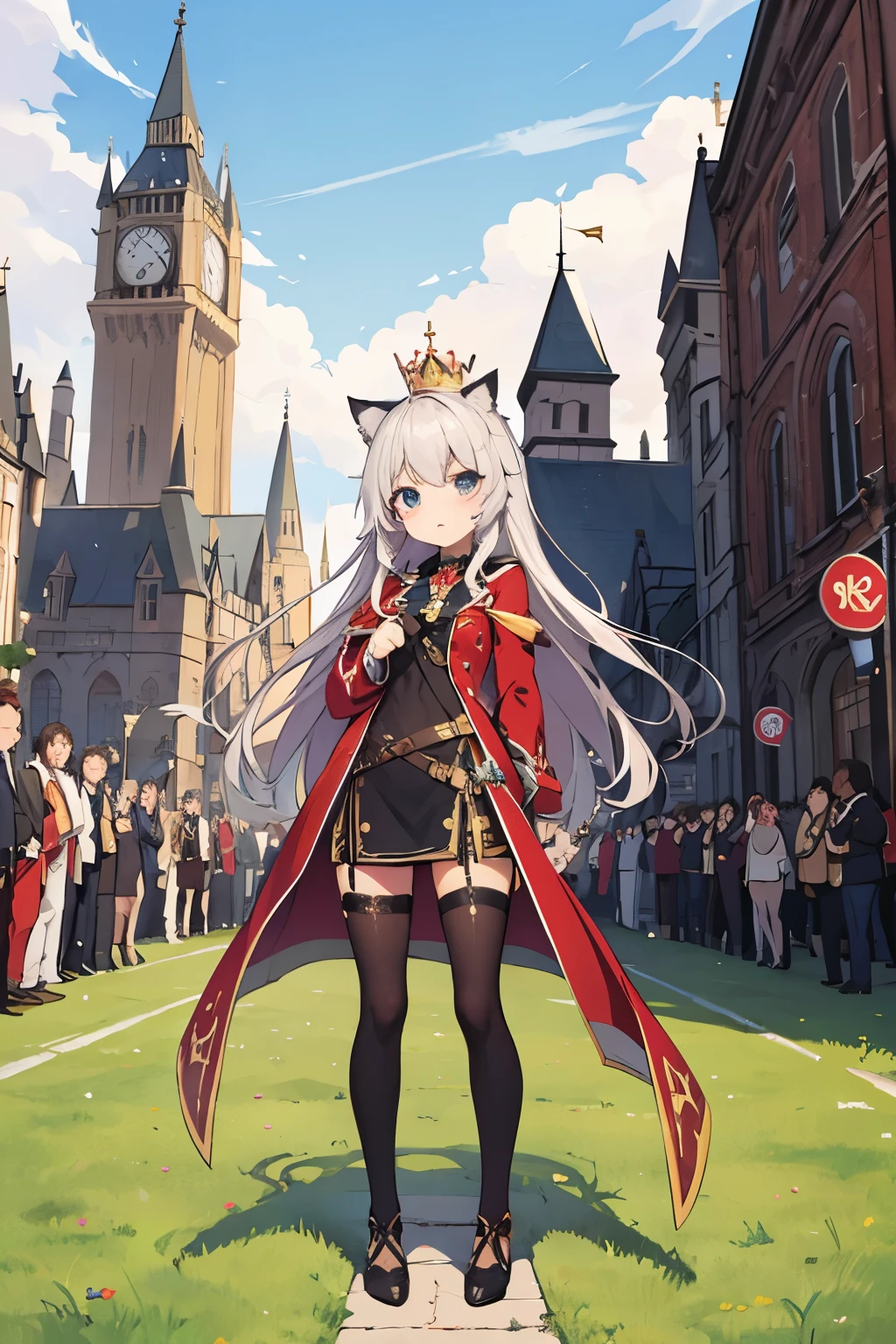 cat　pop　king&#39;s appearance　cute　wearing a crown　standing position　Castle in the background　Red Carpet