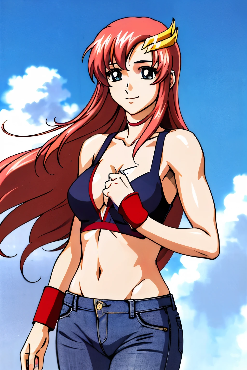 lacus4, (jeans), (red micro bra only, micro bra), (masterpiece, folded arms covering breasts, very slim shoulders, 4K, Best Quality, Anime style: 1.9, happy, Adult Woman, (ultra detailed head), (cloud background), Drawing lines, high resolution, lacus4), 1girl, Solo, curvy figure, Long hair, 鎖骨, scapular, (Detailed wide hair bangs, Hair Ornament, Detailed reddish-pink hair, shiny streaks, slim arms, detailed golden crest), cleavage, large hands, (hair cover shoulders). (Big blue eyes, shiny eyes), ((female wrestler, (slim body), little biceps, slim arms, closed fists, thighs)), ((perfect proportions, medium breasts, long belly)), ((totally red bra, neck band, bracelets))), smile, (standing, hot colors), detailed fingers, (bare shoulders)