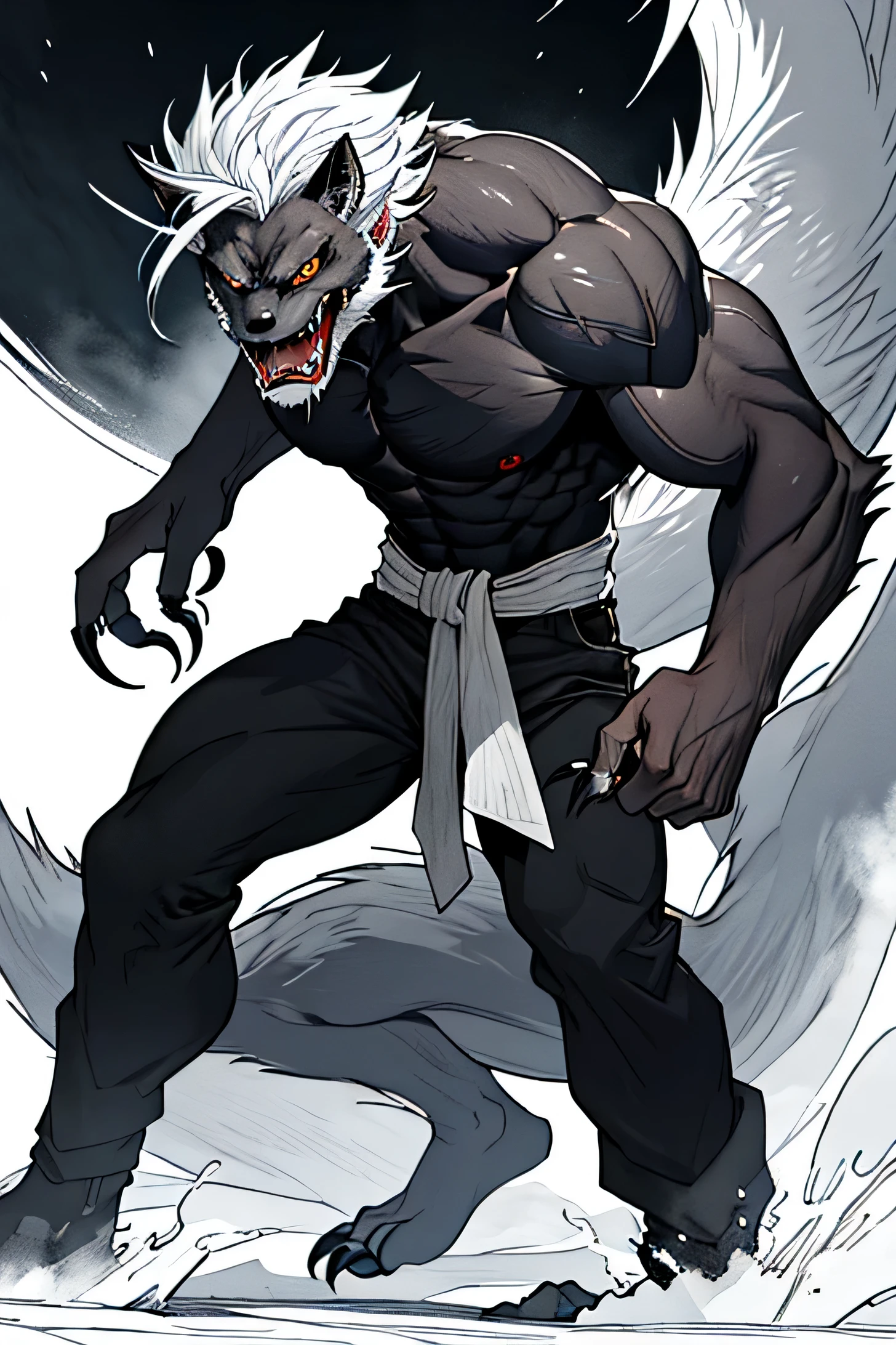 The male werewolf has waist-length white hair.. It has sharp claws and fangs and looks fierce..