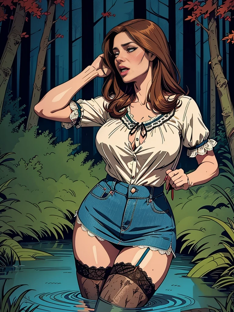 70s style illustration,tortured by lust shy vulnerable mature female drowning in the middle of forest bog and sexy tease herself,denim skirt,blouse,(lace stockings with garters),indulging in fetish, (can't hold orgasm)