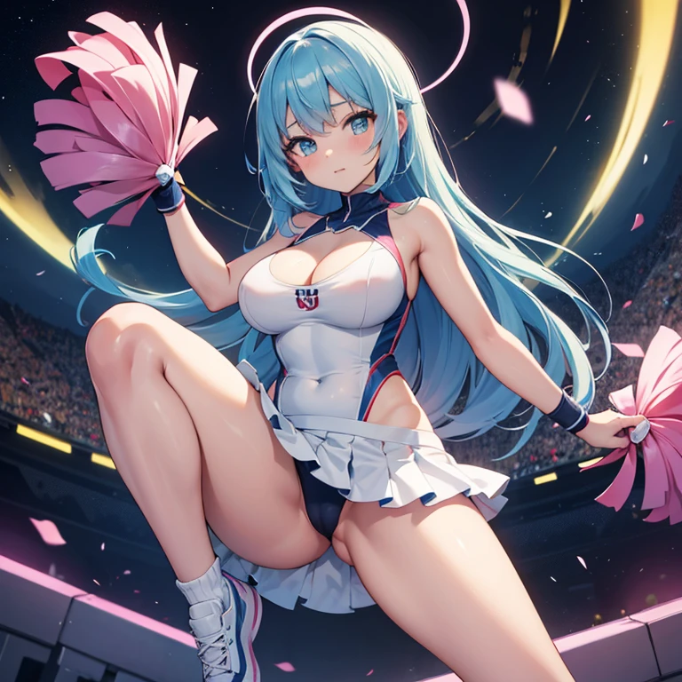 anime, masterpiece, cute girl, no panties, standing split, cheerleader costume, light blue hair, long hair, ?????????????, detail, 4k, ????, good pupil, 4k, detailed