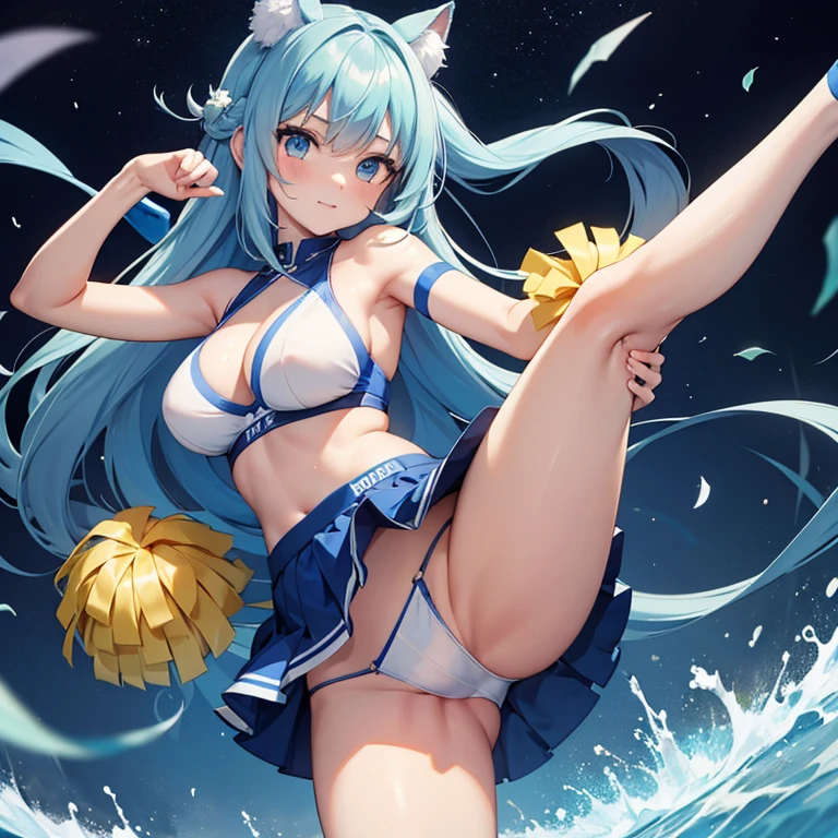 anime, masterpiece, cute girl, no panties, standing split, cheerleader costume, light blue hair, long hair, large breasts, detail, 4k, sexy, good pupil, 4k, detailed