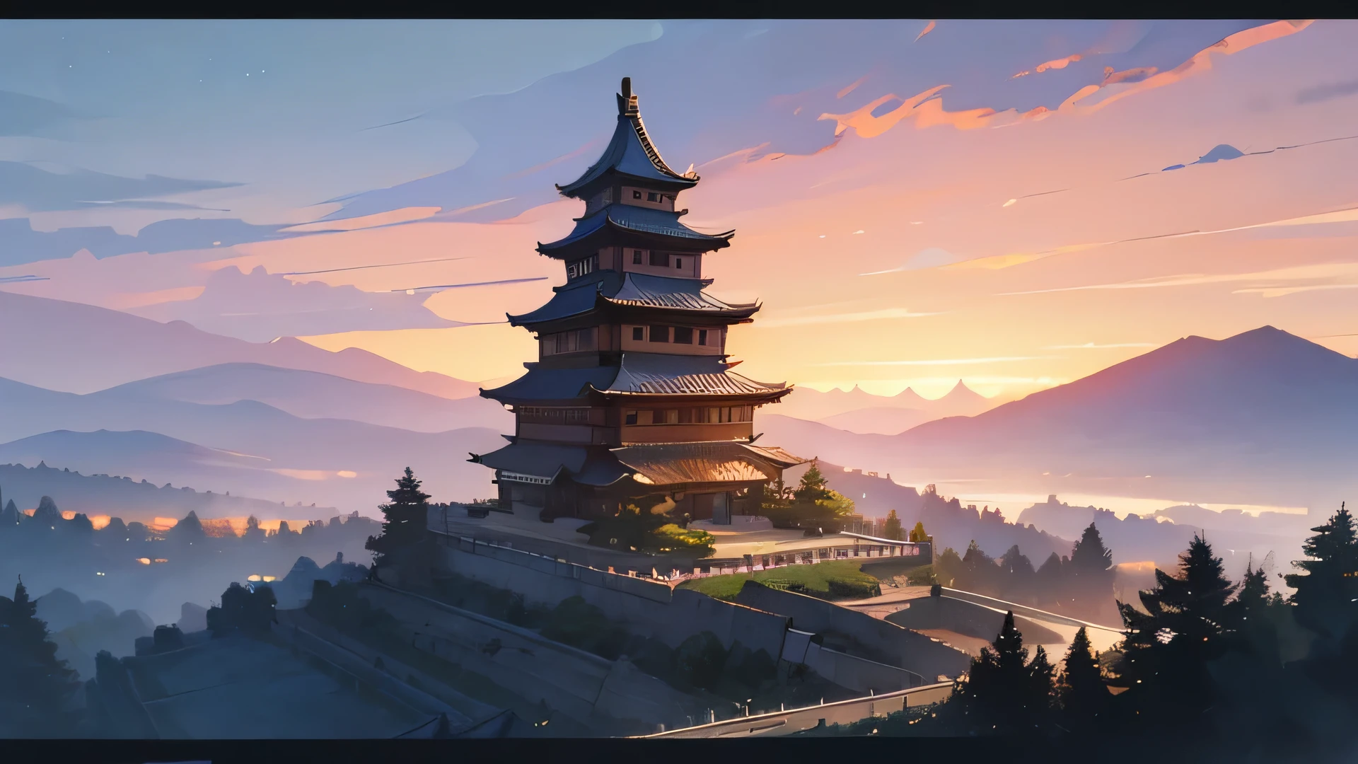 (((best quality, sharp image, clear image, cinematic lighting, 8k resolution, masterpiece, ultra detailed))) japanese castle, japanese landscape, front view