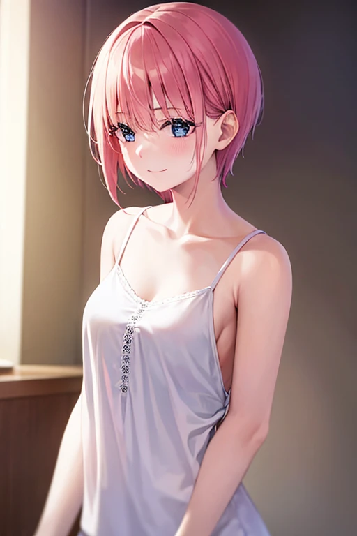 best quality, masterpiece, highres, solo, {nakano_ichika_gotoubunnohanayome:1.15}, pink_hair, short_hair, bangs, blue_eyes, blush, hair_between_eyes, closed_mouth, 1girl, profile, shirt, smile, white_shirt, blurry, blurry_background, from_side, indoors, collarbone, portrait