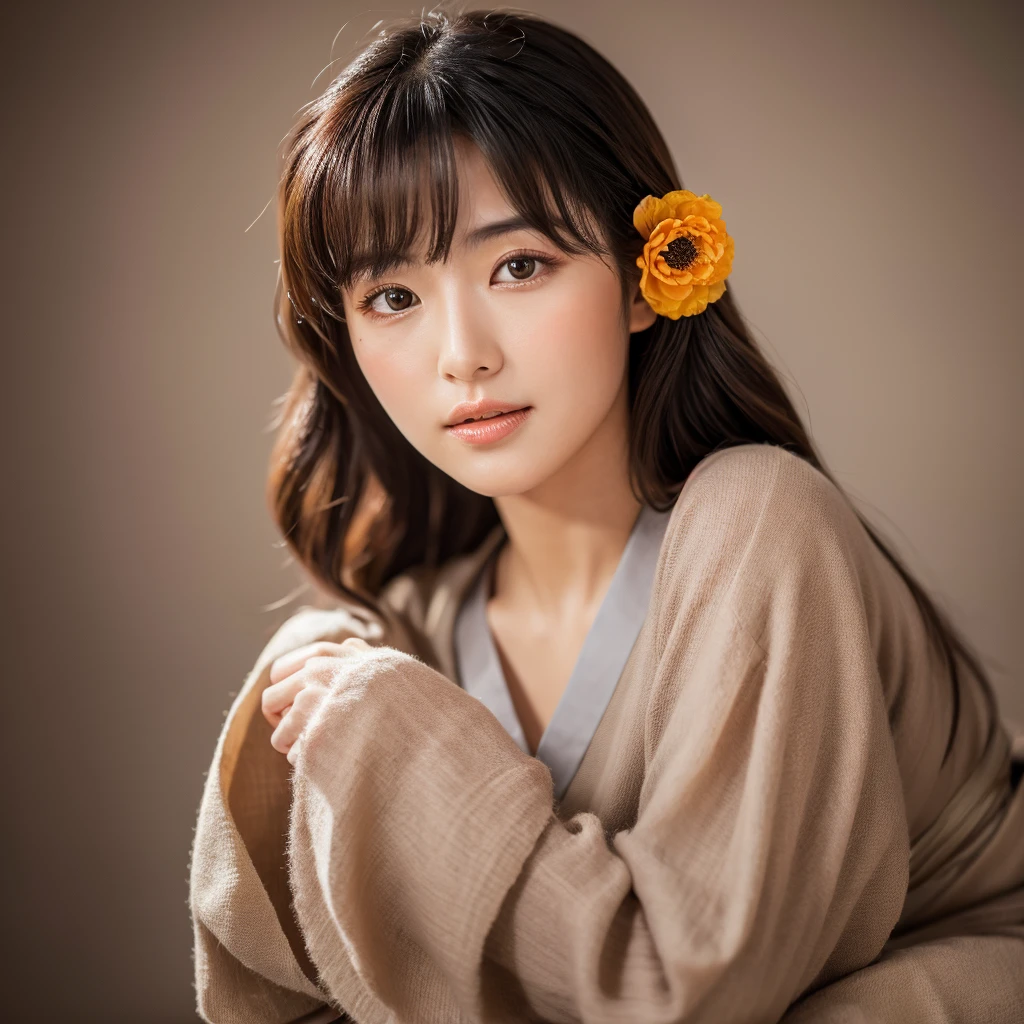 kumquat flower、kimono、highest quality、realistic、（faded texture）、In 8K、fine skin、young asian、25 years old、super detailed、High resolution、professional lighting、beautiful woman、Beauty、one person、Curled up hair