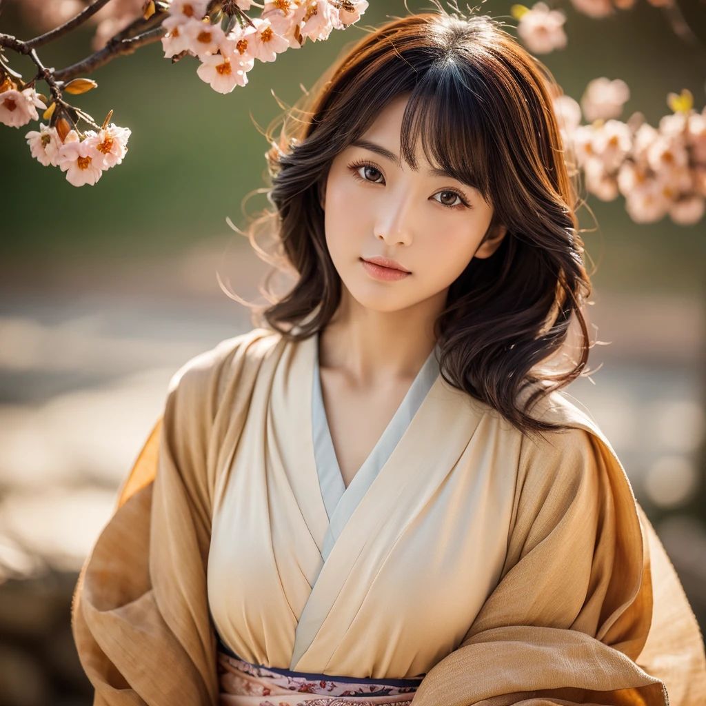 kumquat flower、kimono、highest quality、realistic、（faded texture）、In 8K、fine skin、young asian、25 years old、super detailed、High resolution、professional lighting、beautiful woman、Beauty、one person、Curled up hair