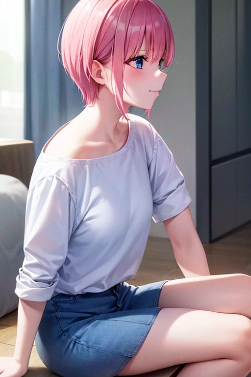 best quality, masterpiece, highres, solo, {nakano_ichika_gotoubunnohanayome:1.15}, pink_hair, short_hair, bangs, blue_eyes, blush, hair_between_eyes, closed_mouth, 1girl, profile, shirt, smile, white_shirt, blurry, blurry_background, from_side, interior, collarbone, portrait sitting on a building