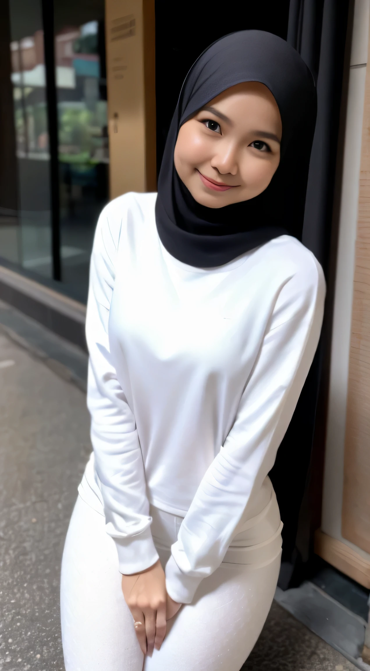 1 malay woman in hijab, (looking at viewer), ((tight white leggings)), (tight white sweatshirt), (Small buttocks), Smaller chest, laughing smile, (hijab flying), pale skin, small breasts, thin waist, china street style street, Hyper-Realism, Cinematic lighting, depth of fields, (high angle), vanishing point, F/2.8, Anatomically correct, Textured skin, Super Detail, detailed eyes, award winning, Best Quality, high resolution, crouching looking up to the viewer, kneeling, (close up from above), (close up face), (dynamic angle)