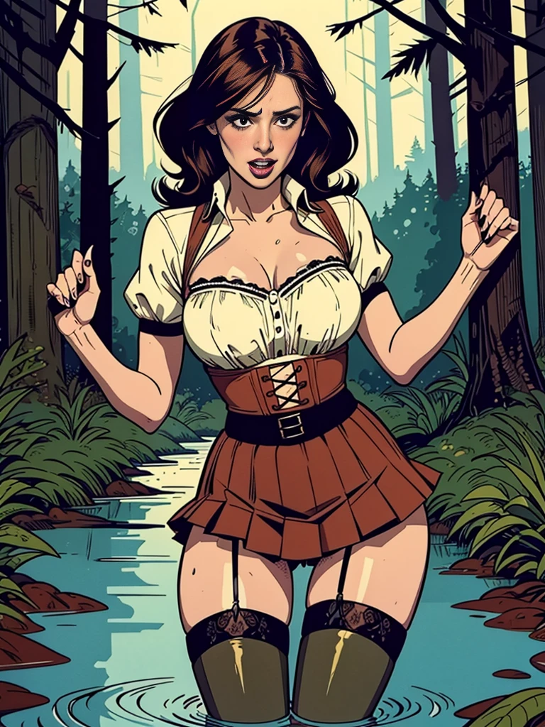 70s style illustration,tortured by lust shy vulnerable mature female drowning in the middle of forest bog and sexy tease herself,skirt,blouse,(stockings with garters),indulging in fetish, (can't hold orgasm)