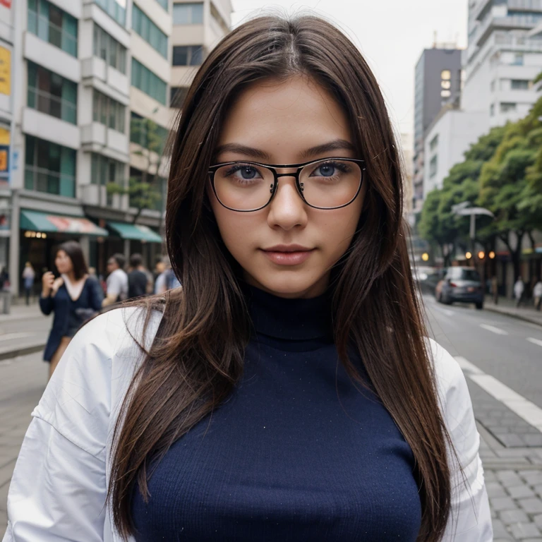 Create Euro Asian model mix of Russian and Japanese with blue eyes. A modelo tem q ter aspecto realista, tamanho medio de 1.73m, peitos medios, bumbum medio, sorridente com brilhos nos olhos, cabelo comprido. Cabelo deve ser castanho escuro. A modelo deve ser na idade de 21 anos, wears glasses and likes European series. Esta modelo deve estar de foto de corpo inteiro em frente a torre de Tokyo