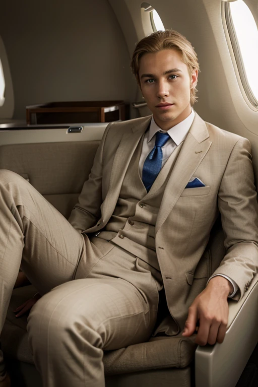 realistic photo of a young blonde man with a nice suit on sitting in a private jet
