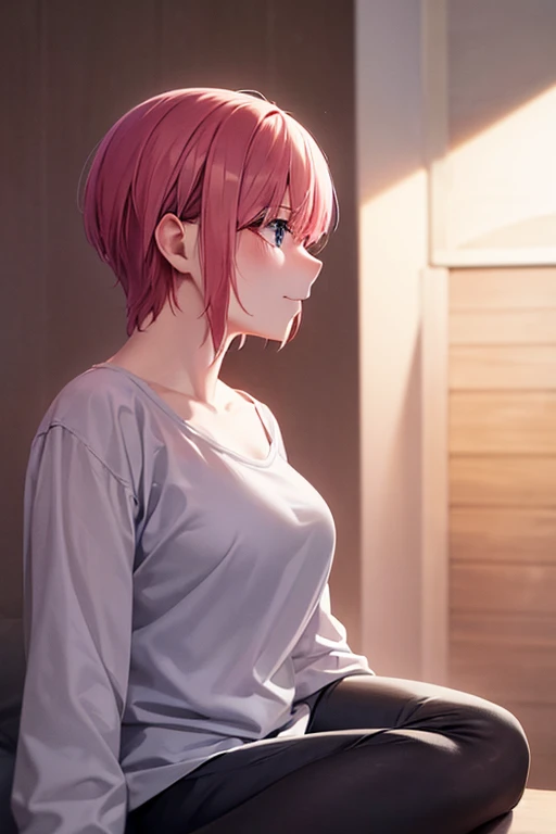 best quality, masterpiece, highres, solo, {nakano_ichika_gotoubunnohanayome:1.15}, pink_hair, short_hair, bangs, blue_eyes, blush, hair_between_eyes, closed_mouth, 1girl, profile, black and white costume, smile, white_shirt, hurt, blurry_background, from_side, interior, collarbone, portrait sitting on a building