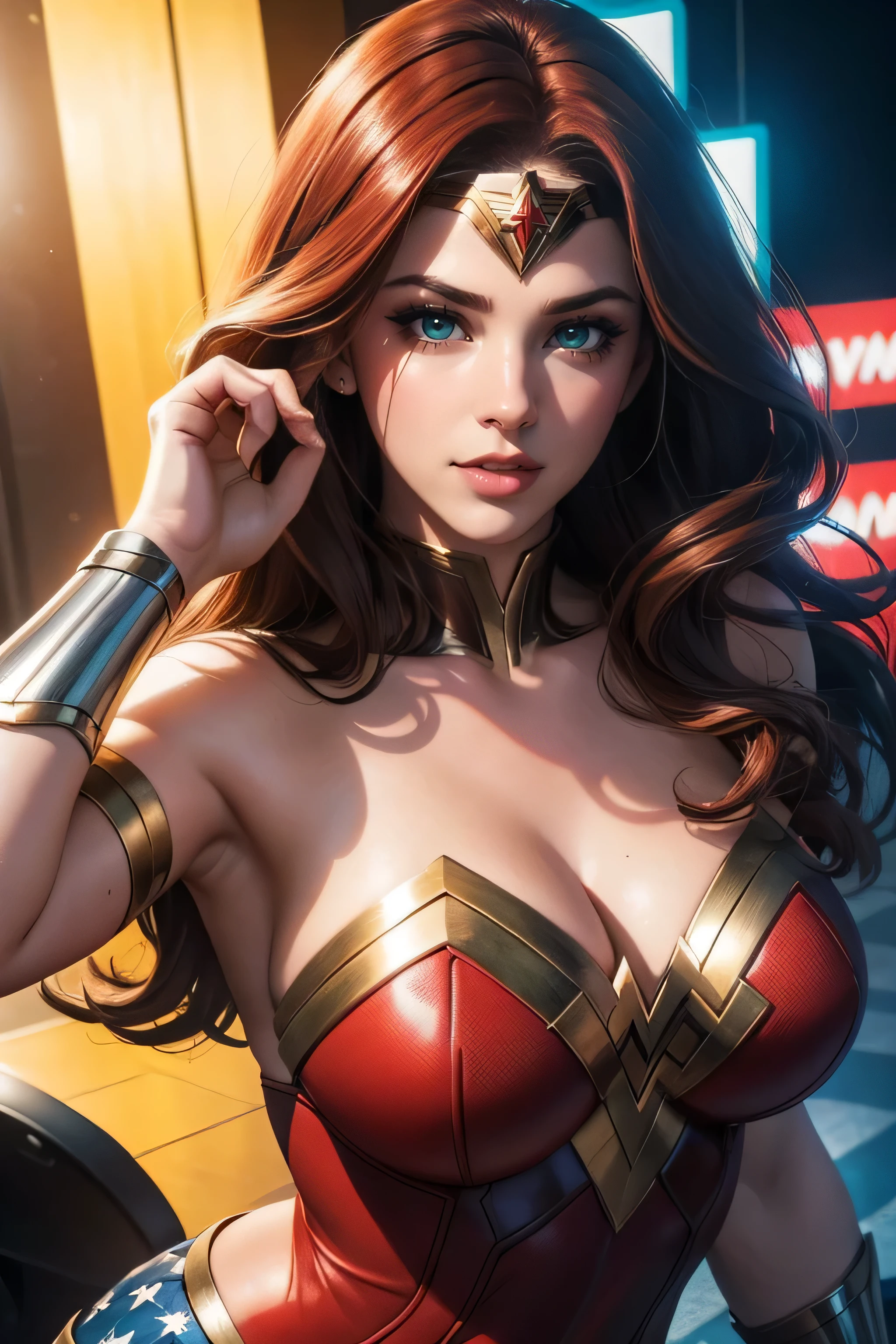 (best quality,4k,8k,highres,masterpiece:1.2),ultra-detailed,(realistic,photorealistic,photo-realistic:1.37),A Red hair,green eyes black classic 70s outfit Wonder Woman cosplay,beautiful detailed eyes,beautiful detailed lips,extremely detailed eyes and face,longeyelashes,flirting,comic book,illustration,wonderful lighting,studio photography,vivid colors,lively atmosphere,cheerful expression,confident pose,playful interaction,energetic background,comic-style art,retro vibes,70s nostalgia,superhero theme,colorful palette